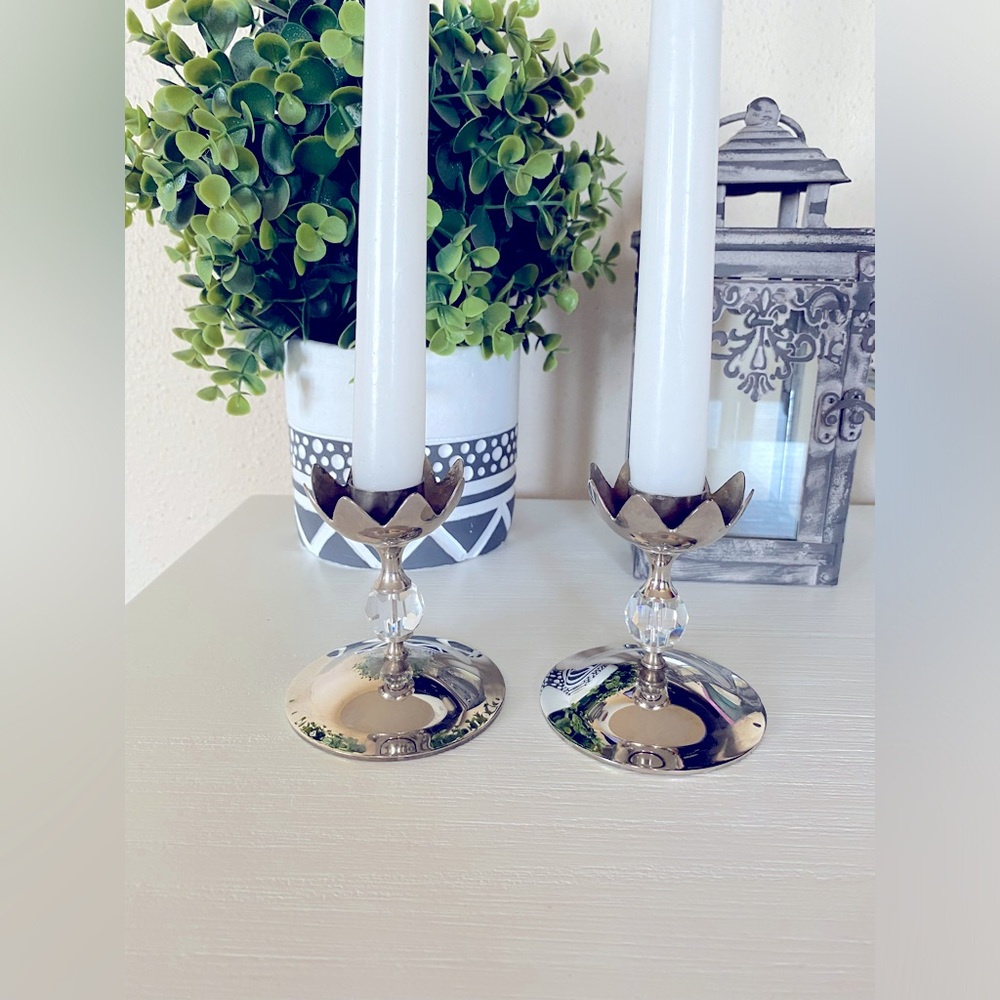 Vintage Elegance EP Brass candle holder set silver  and crystal centerpiece